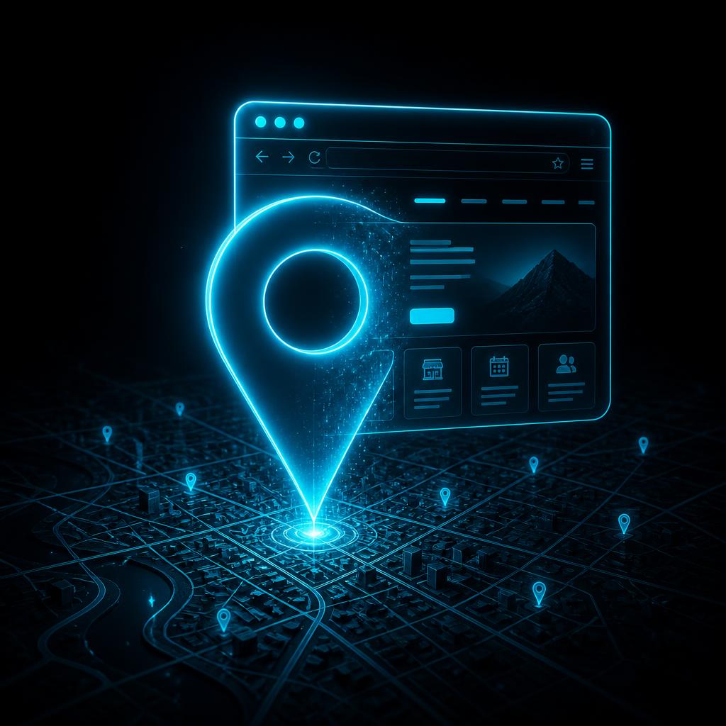 Local business website appearing on a glowing Google Maps interface